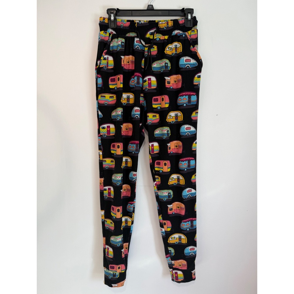 Womens Vintage Camper Print Joggers Black Drawstring Pockets Size S Novelty